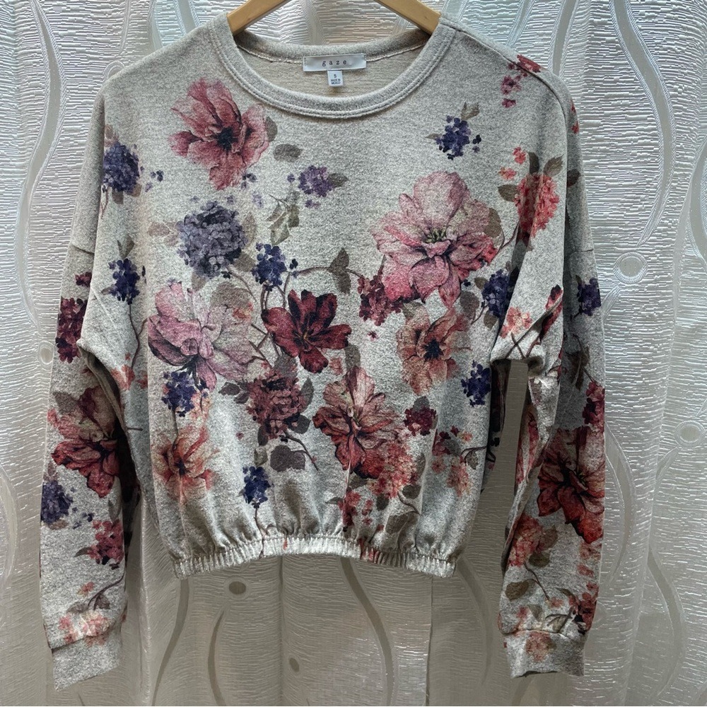 Gaze Floral Pullover Top Womens Small Oatmeal Pink Long Sleeve Elastic Hem Ex